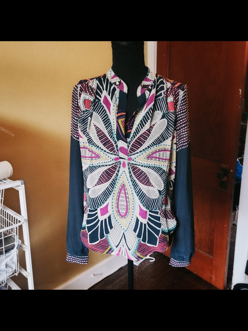 TJ Collection Navy Blouse with Pink, Cream, and White Floral-Geometric Print